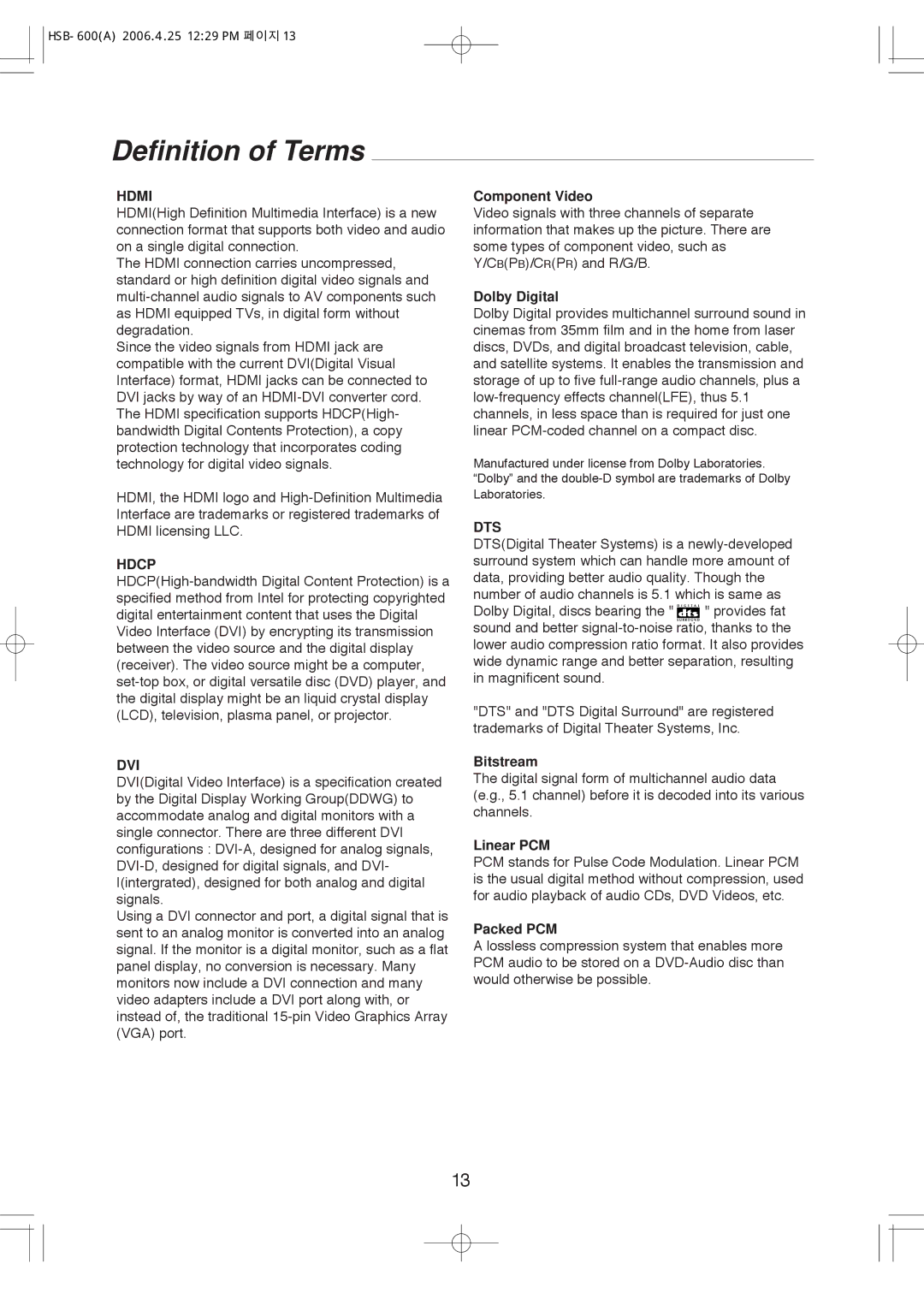 Sherwood HSB-600, HSB-6501 manual Definition of Terms, Hdmi 