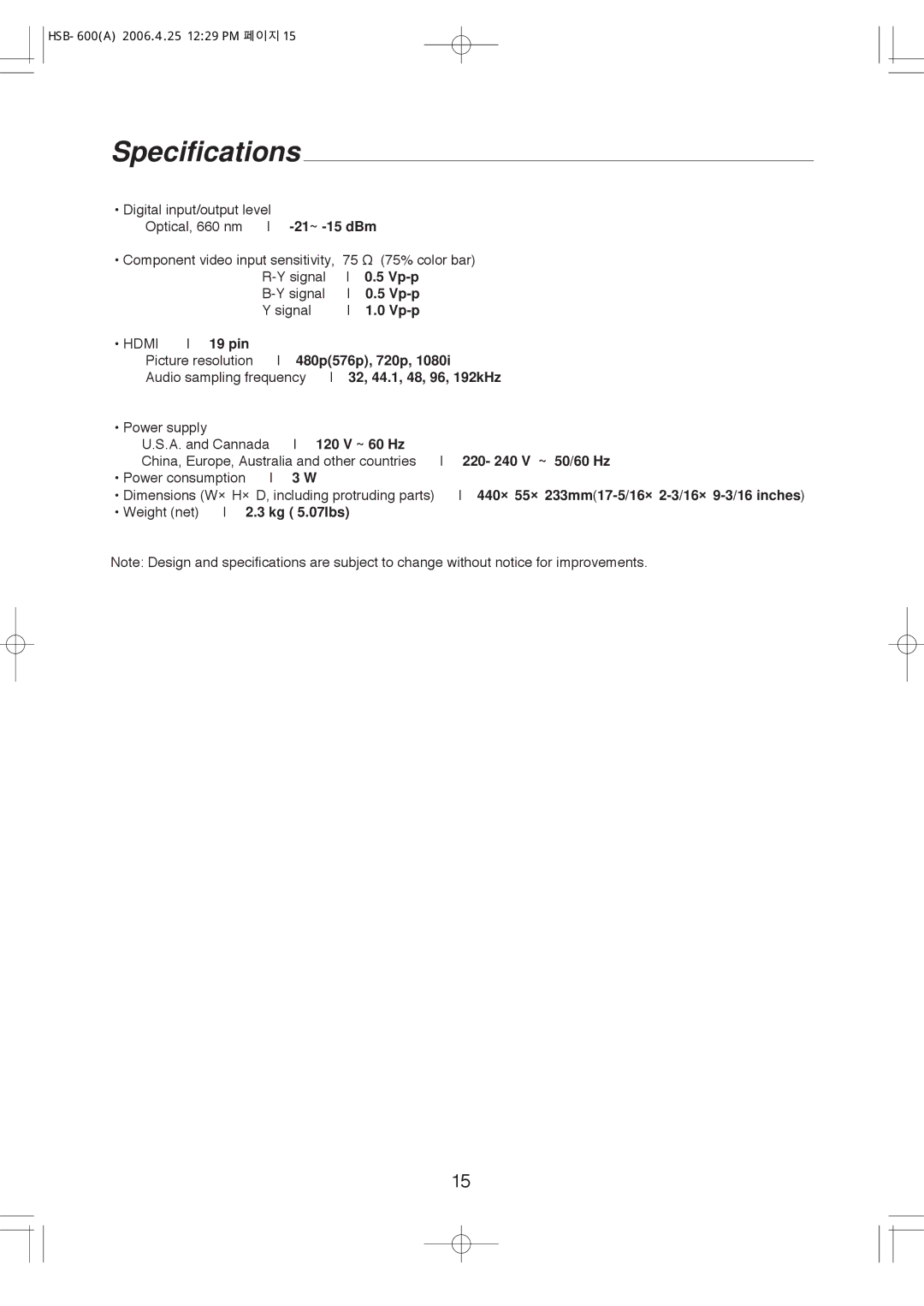 Sherwood HSB-600, HSB-6501 manual Specifications 