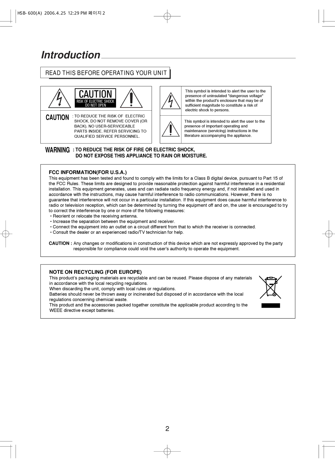 Sherwood HSB-6501, HSB-600 manual Introduction, Read this Before Operating Your Unit 