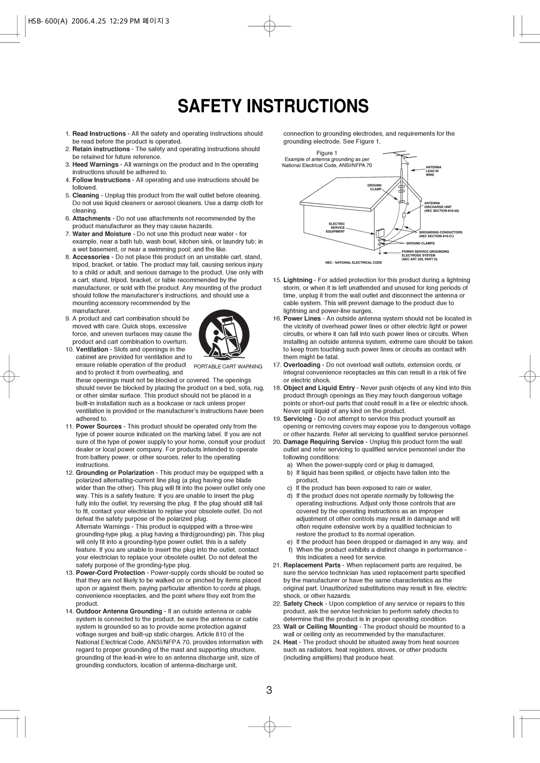 Sherwood HSB-600, HSB-6501 manual Safety Instructions 