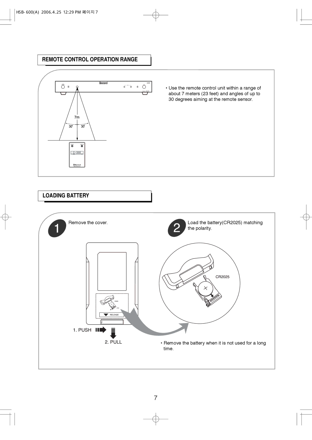 Sherwood HSB-600, HSB-6501 manual Remote Control Operation Range Loading Battery 