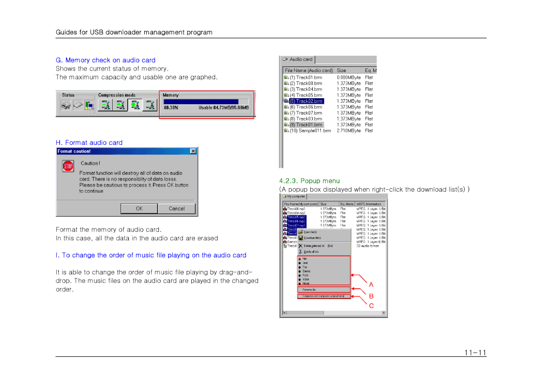 Sherwood LAD-500(R) manual 11-11, Memory check on audio card, Format audio card, Popup menu 