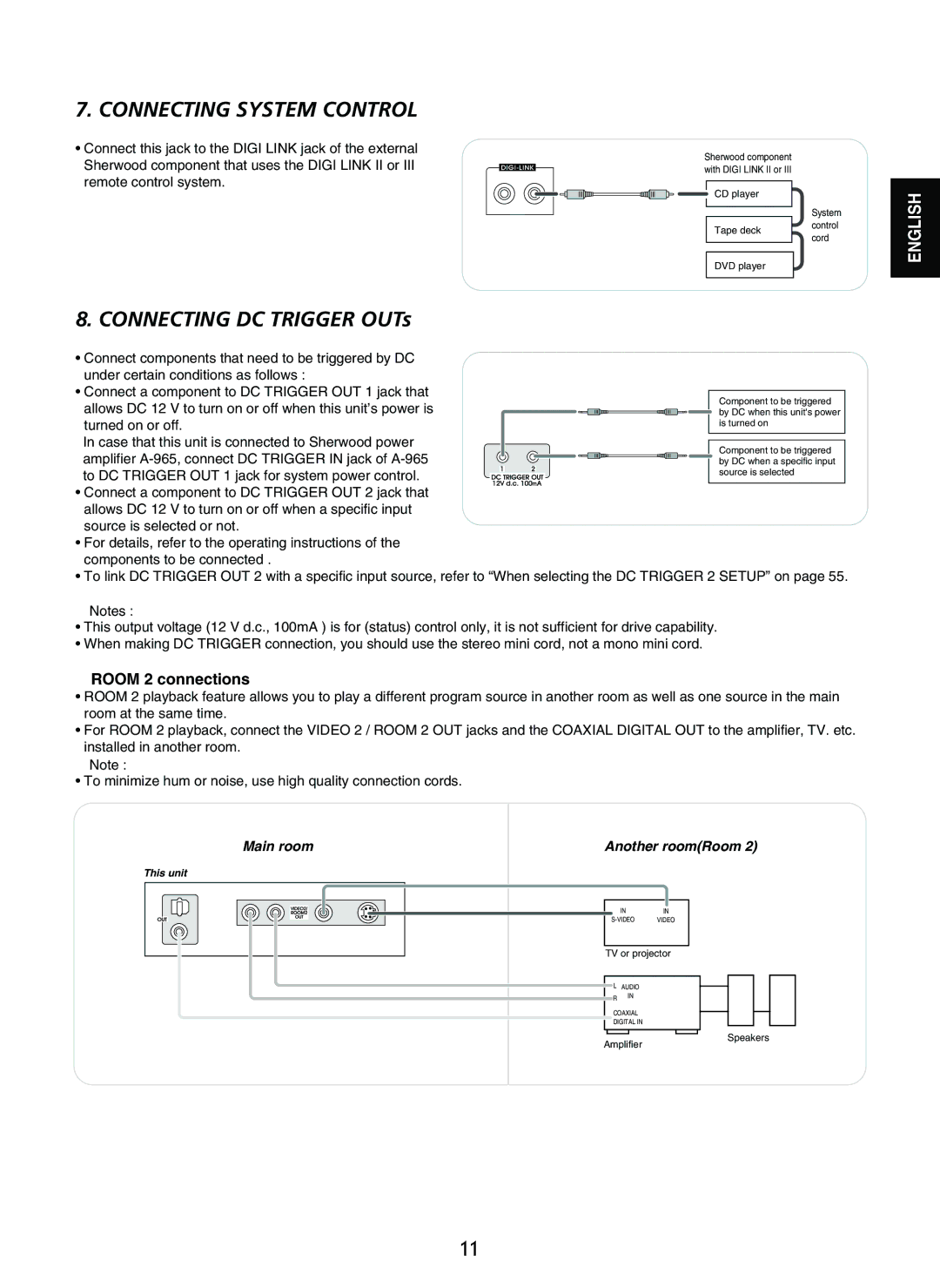 Sherwood P-965 manual Connecting System Control, Room 2 connections 