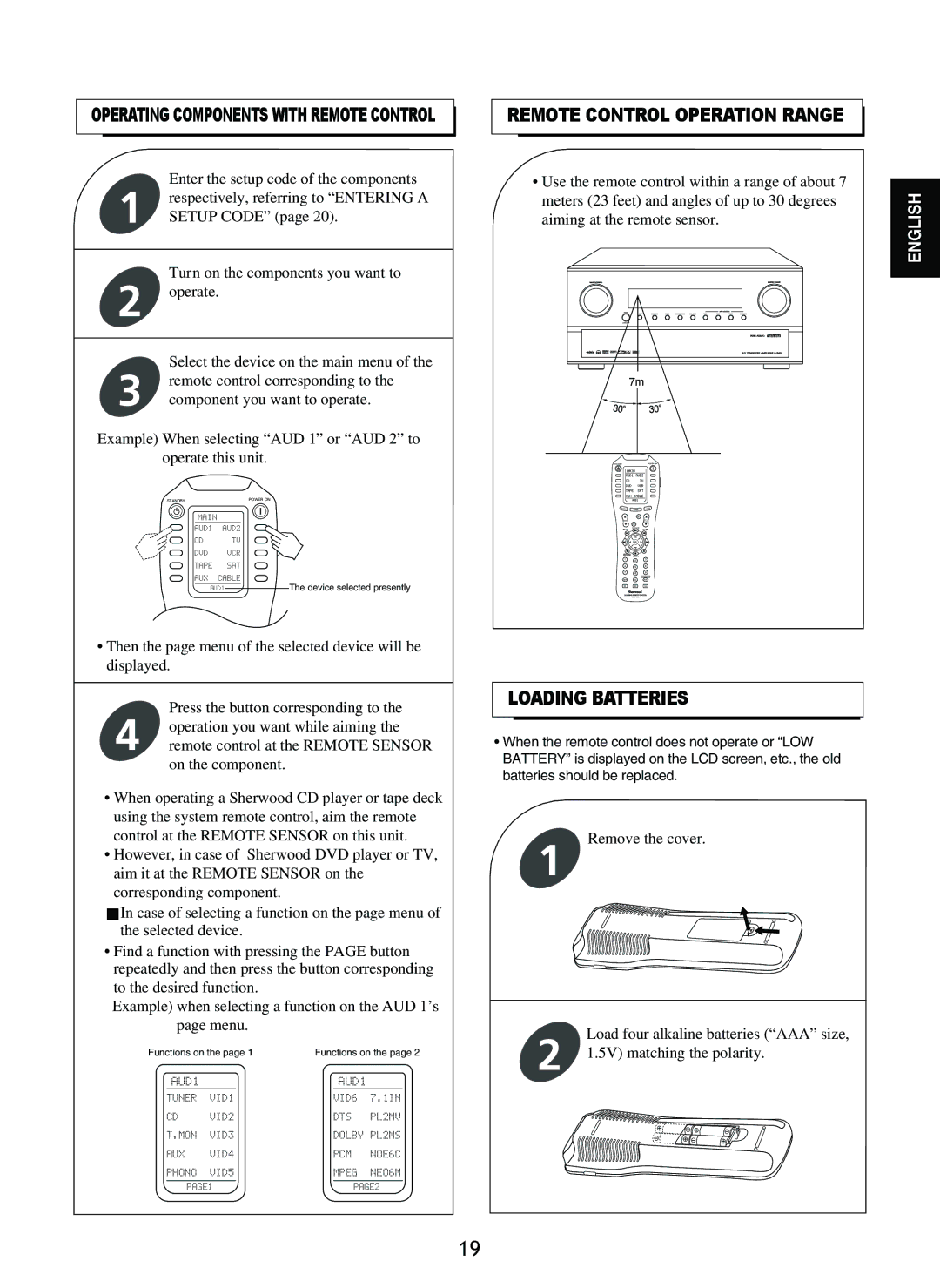 Sherwood P-965 manual Loading Batteries, Remote Control Operation Range 