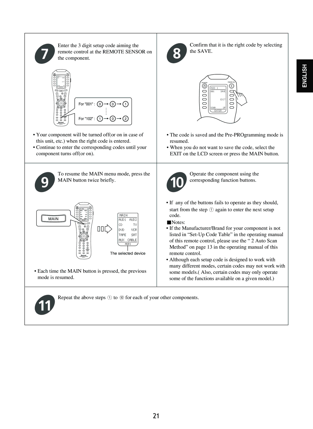 Sherwood P-965 manual Enter the 3 digit setup code aiming 