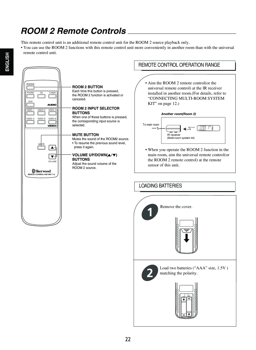 Sherwood P-965 manual Room 2 Remote Controls, Remote Control Operation Range 