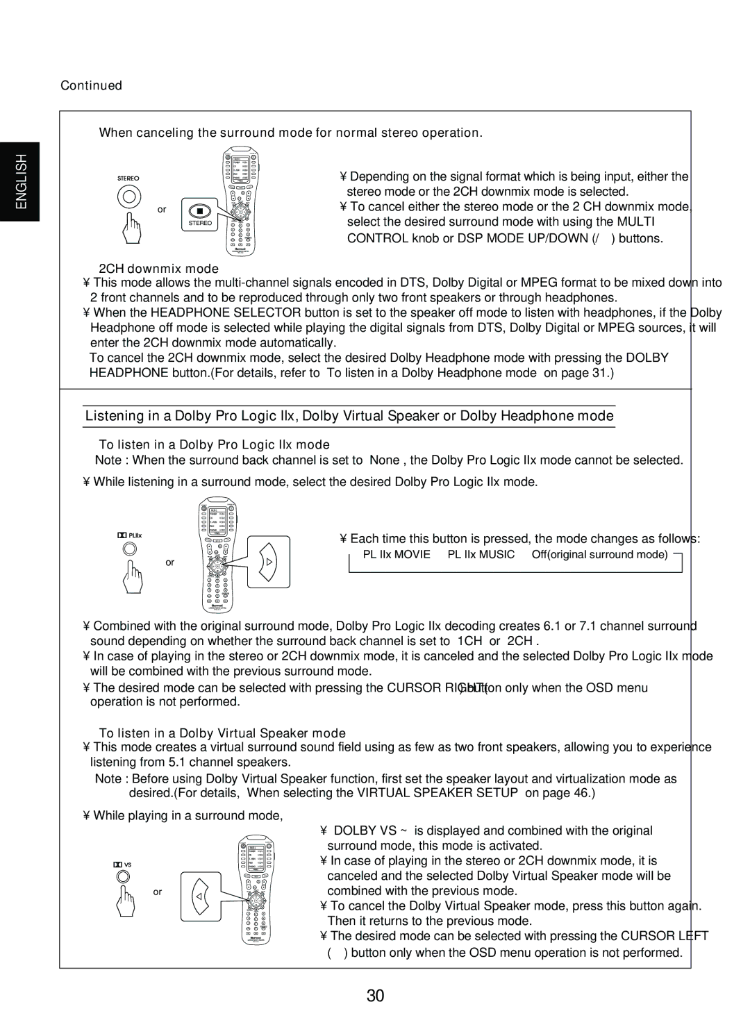 Sherwood P-965 manual 2CH downmix mode, To listen in a Dolby Pro Logic IIx mode, To listen in a Dolby Virtual Speaker mode 