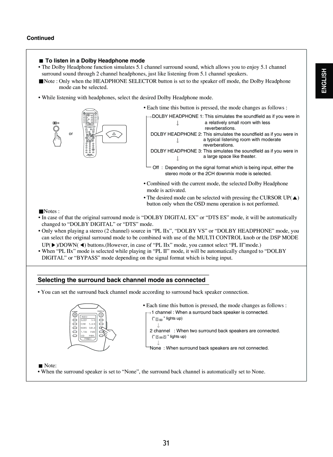 Sherwood P-965 manual Selecting the surround back channel mode as connected, To listen in a Dolby Headphone mode 