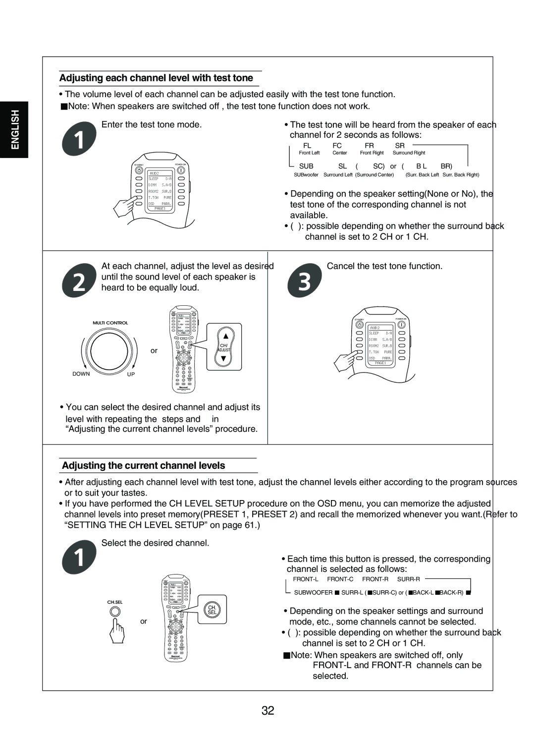 Sherwood P-965 manual Adjusting each channel level with test tone, Adjusting the current channel levels 