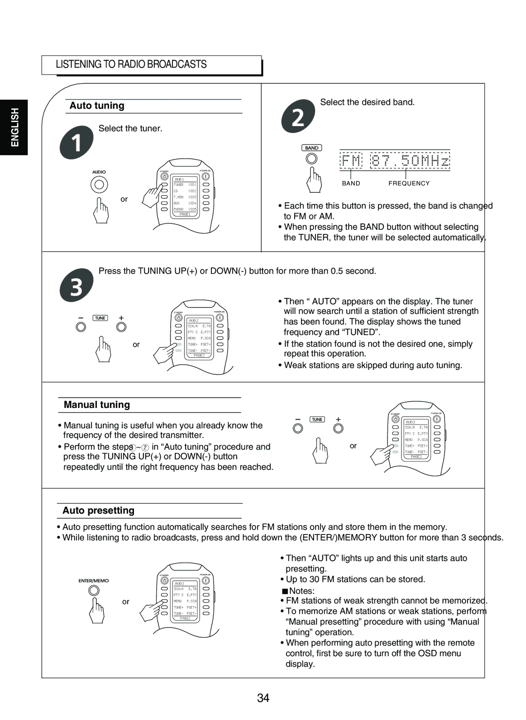 Sherwood P-965 manual Auto tuning, Manual tuning, Auto presetting 