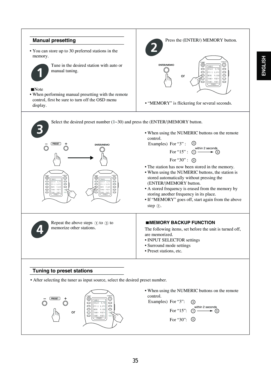 Sherwood P-965 manual Manual presetting, Tuning to preset stations 