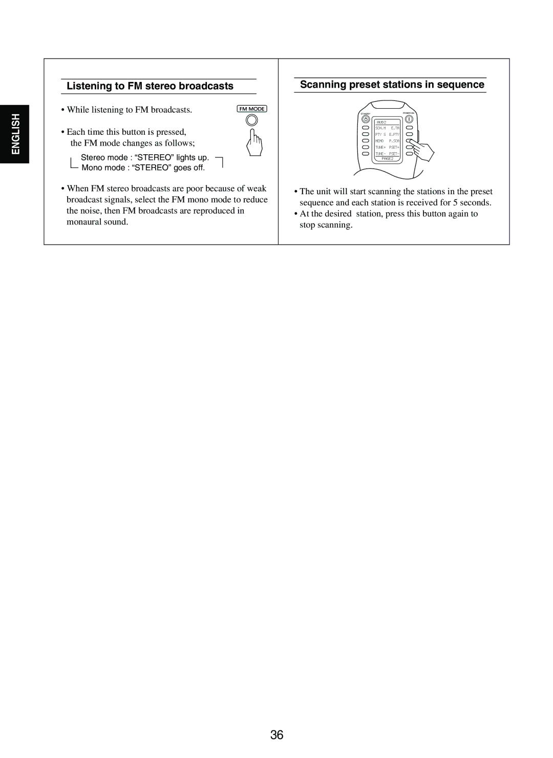 Sherwood P-965 manual Listening to FM stereo broadcasts, Scanning preset stations in sequence 