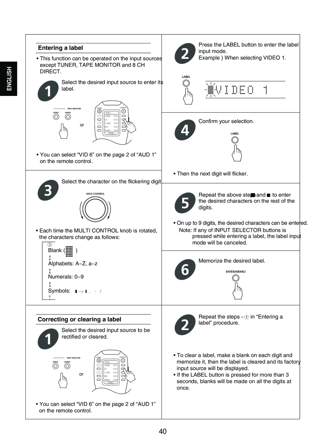 Sherwood P-965 manual Entering a label, Correcting or clearing a label 