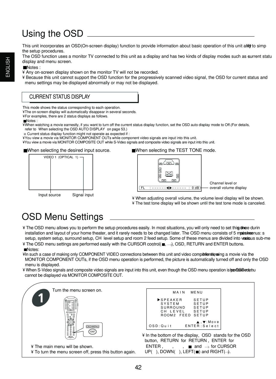 Sherwood P-965 manual Using the OSD, OSD Menu Settings, Current Status Display 