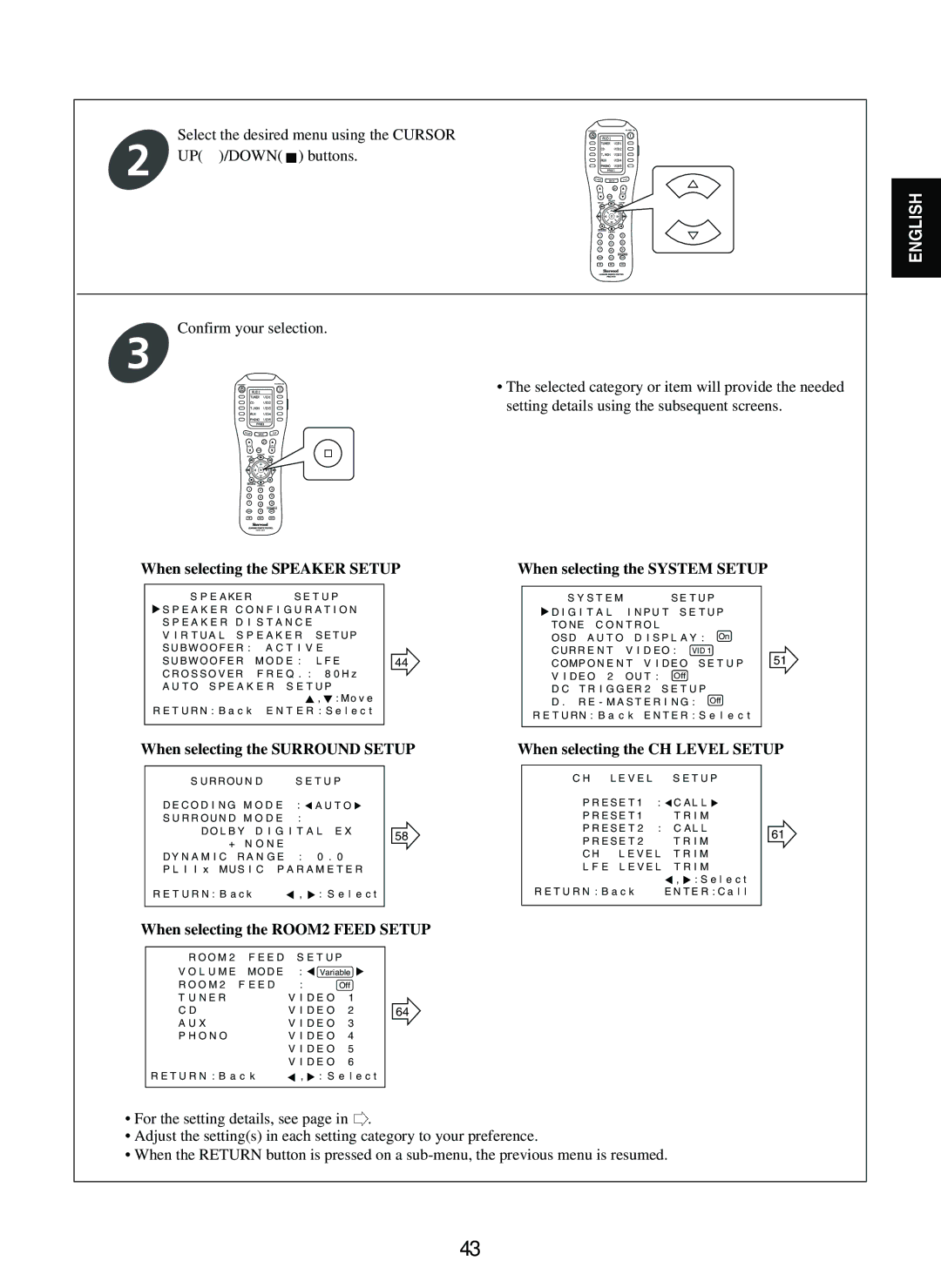 Sherwood P-965 manual When selecting the Speaker Setup 