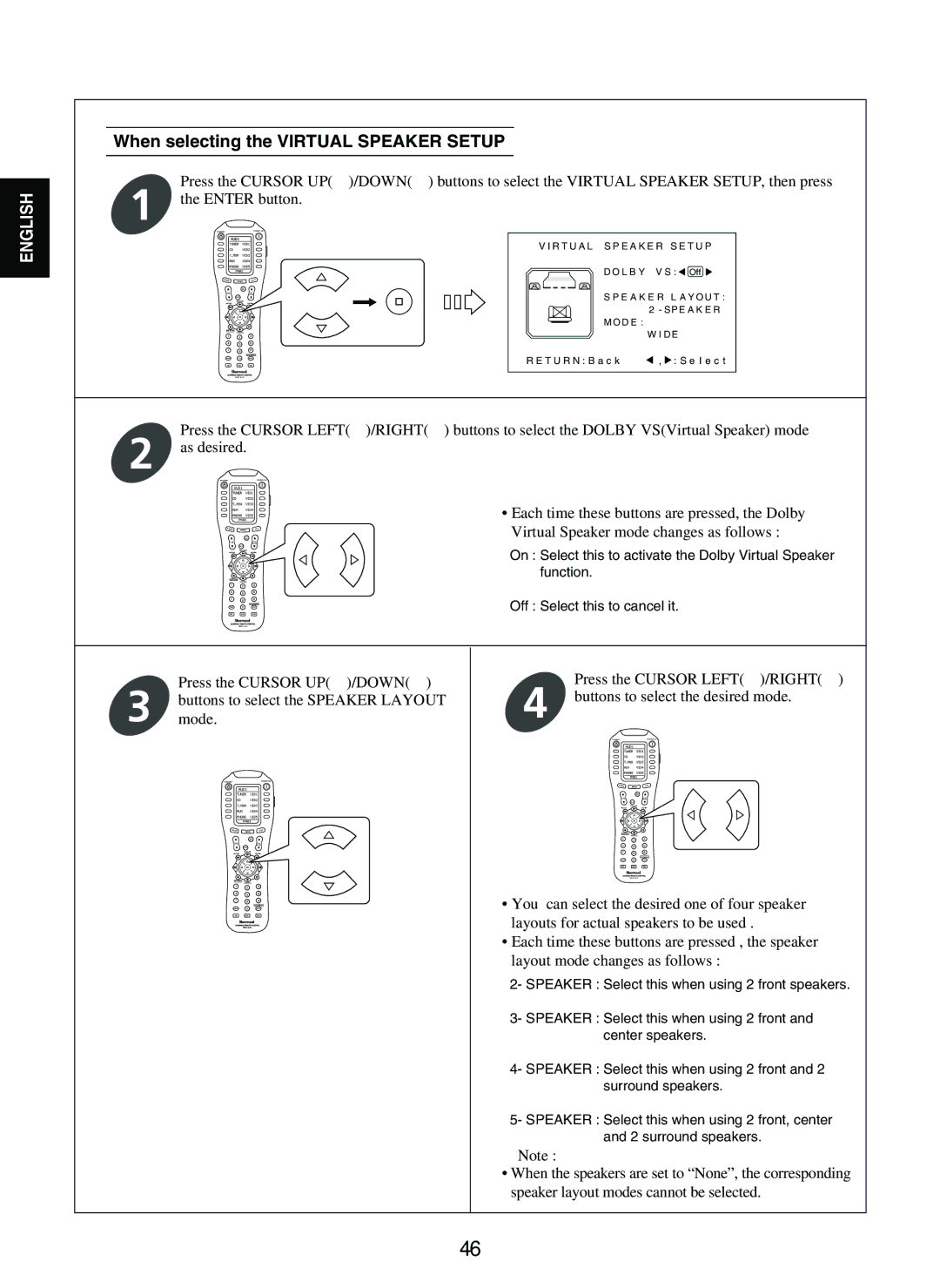 Sherwood P-965 manual When selecting the Virtual Speaker Setup, Virtual Speaker mode changes as follows 