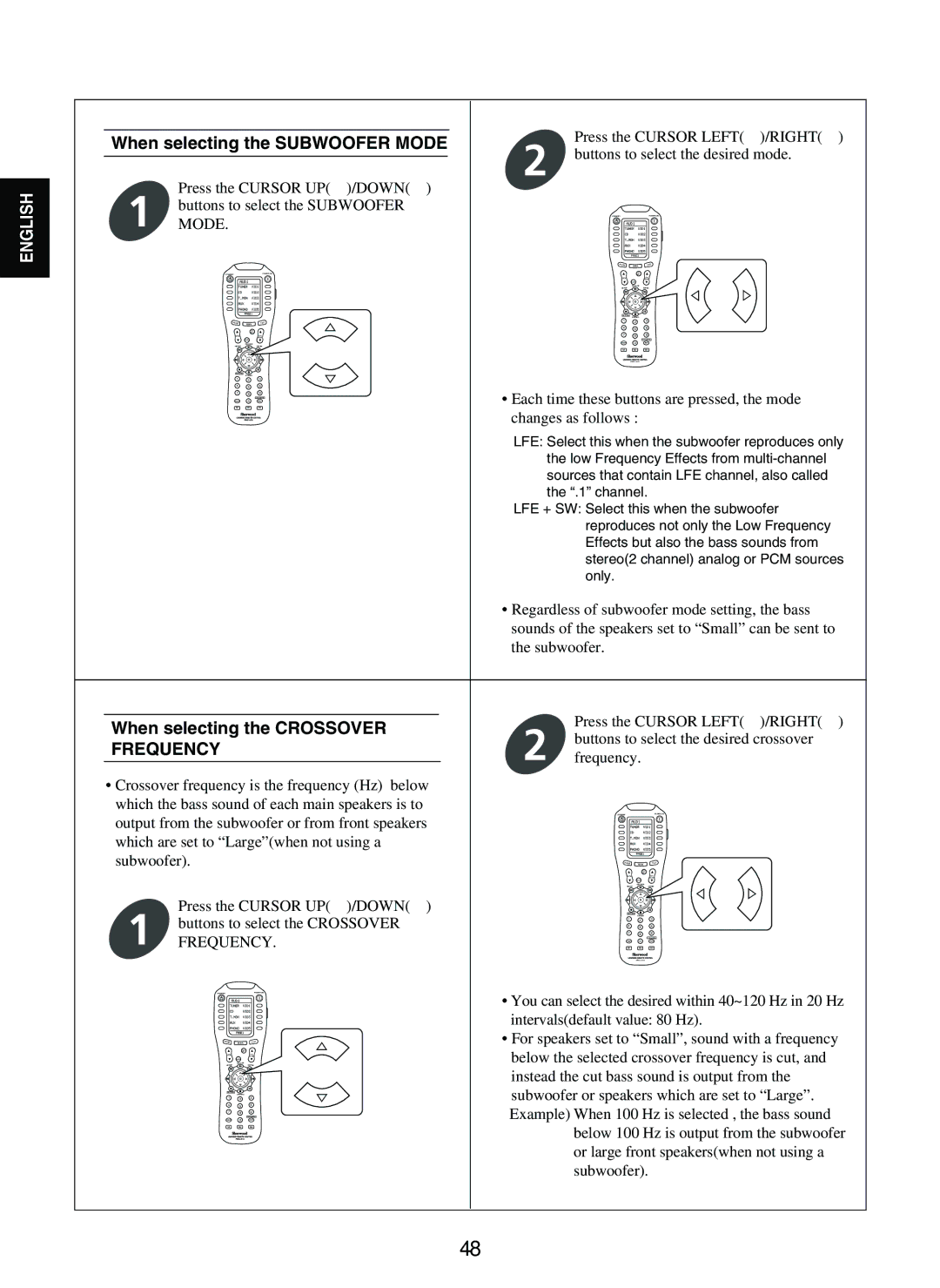 Sherwood P-965 manual When selecting the Subwoofer Mode, When selecting the Crossover Frequency 