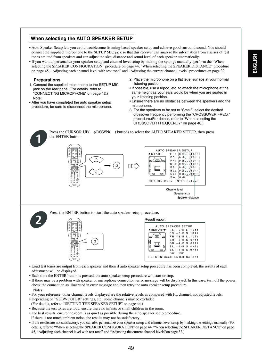 Sherwood P-965 manual When selecting the Auto Speaker Setup, Preparations 