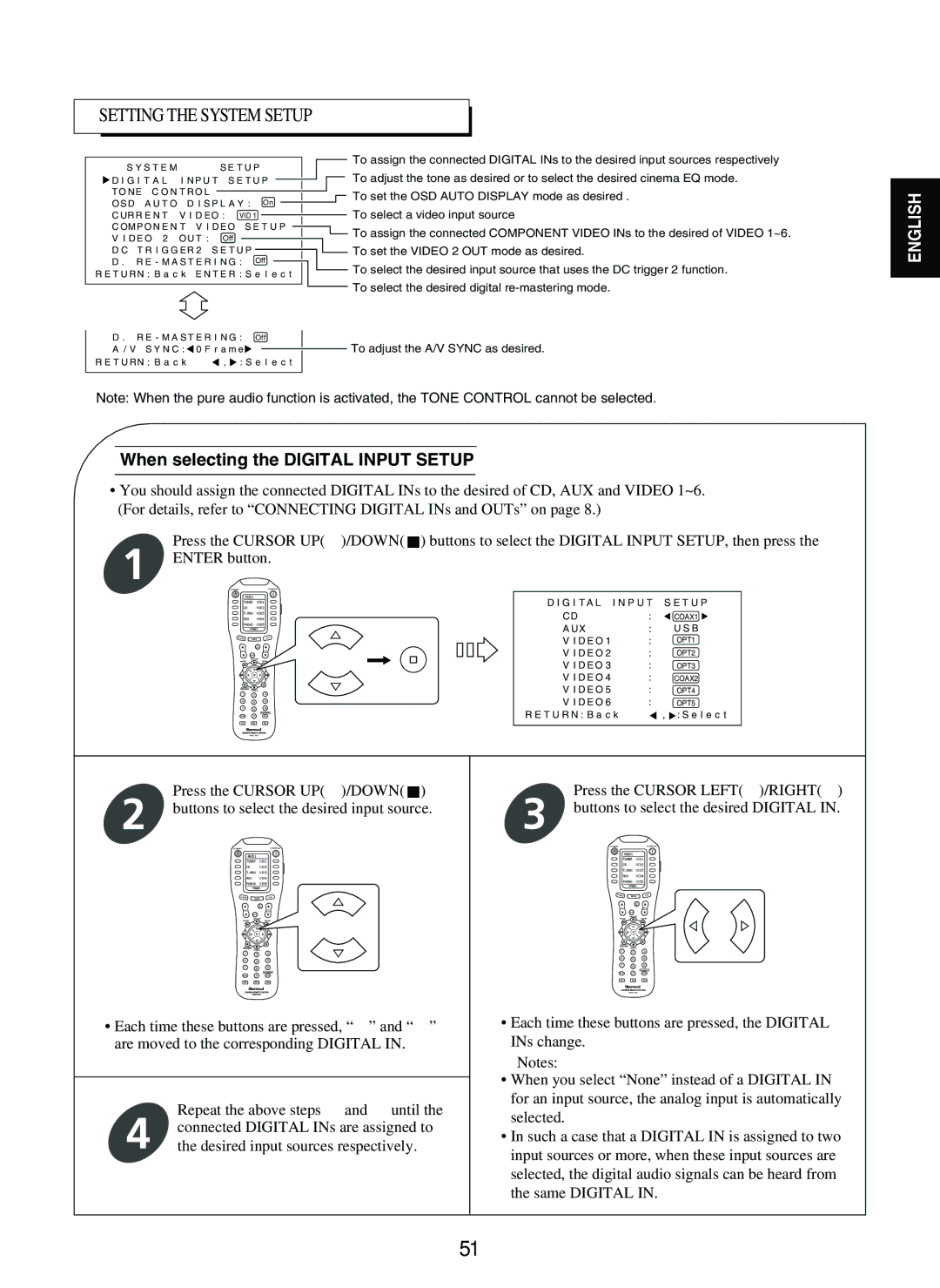 Sherwood P-965 manual Setting the System Setup, When selecting the Digital Input Setup 