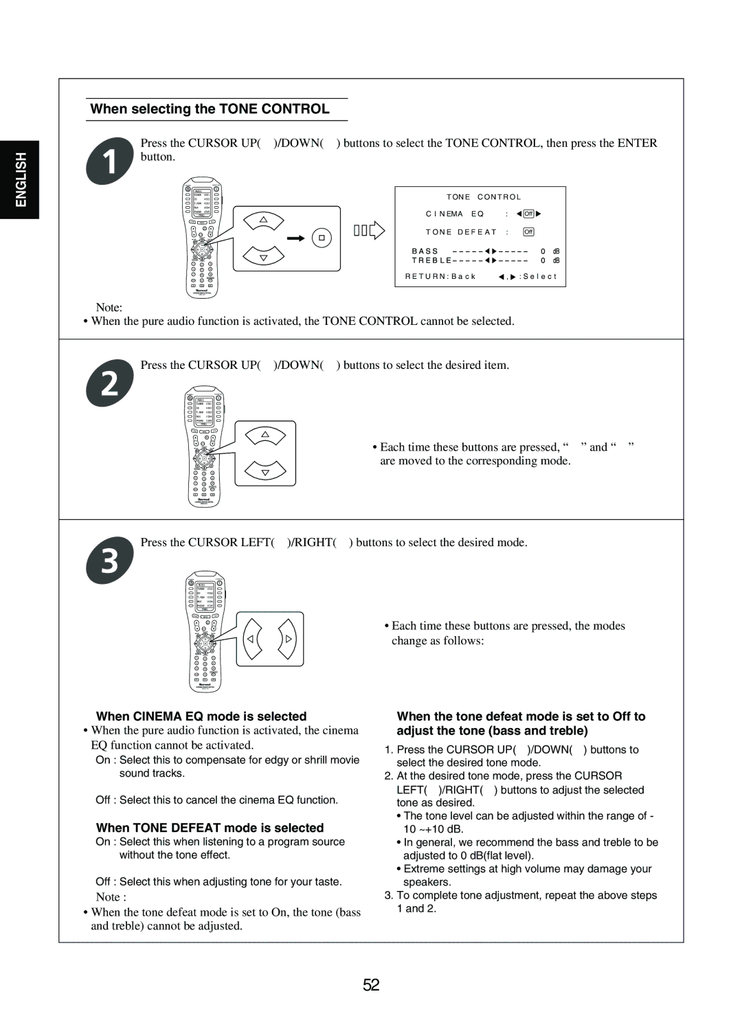 Sherwood P-965 manual When selecting the Tone Control, When Cinema EQ mode is selected, When Tone Defeat mode is selected 