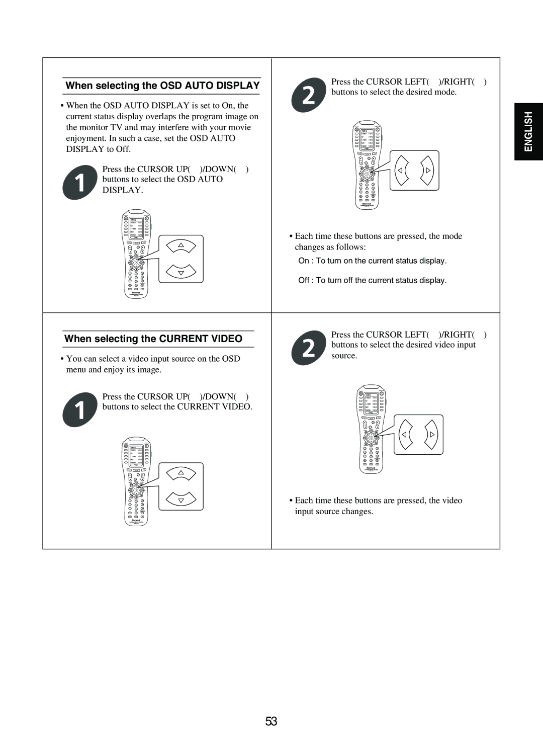 Sherwood P-965 manual When selecting the OSD Auto Display, When selecting the Current Video 