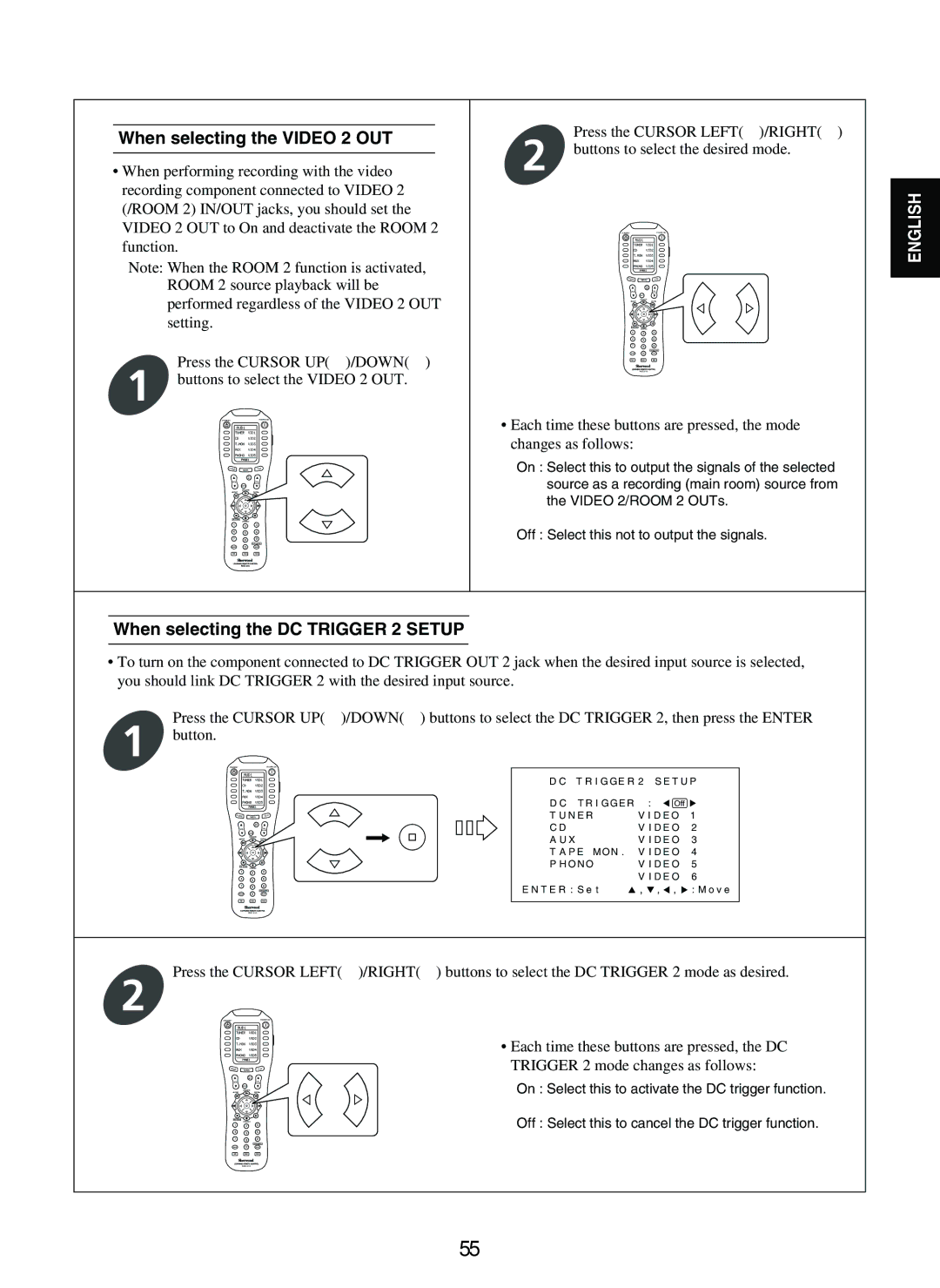 Sherwood P-965 manual When selecting the Video 2 OUT, When selecting the DC Trigger 2 Setup 