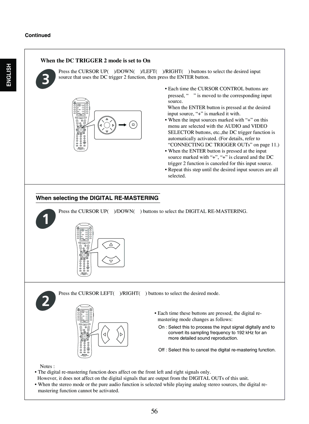 Sherwood P-965 manual When the DC Trigger 2 mode is set to On, When selecting the Digital RE-MASTERING 