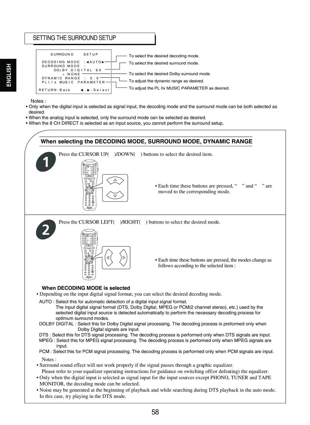 Sherwood P-965 manual Setting the Surround Setup, When Decoding Mode is selected 