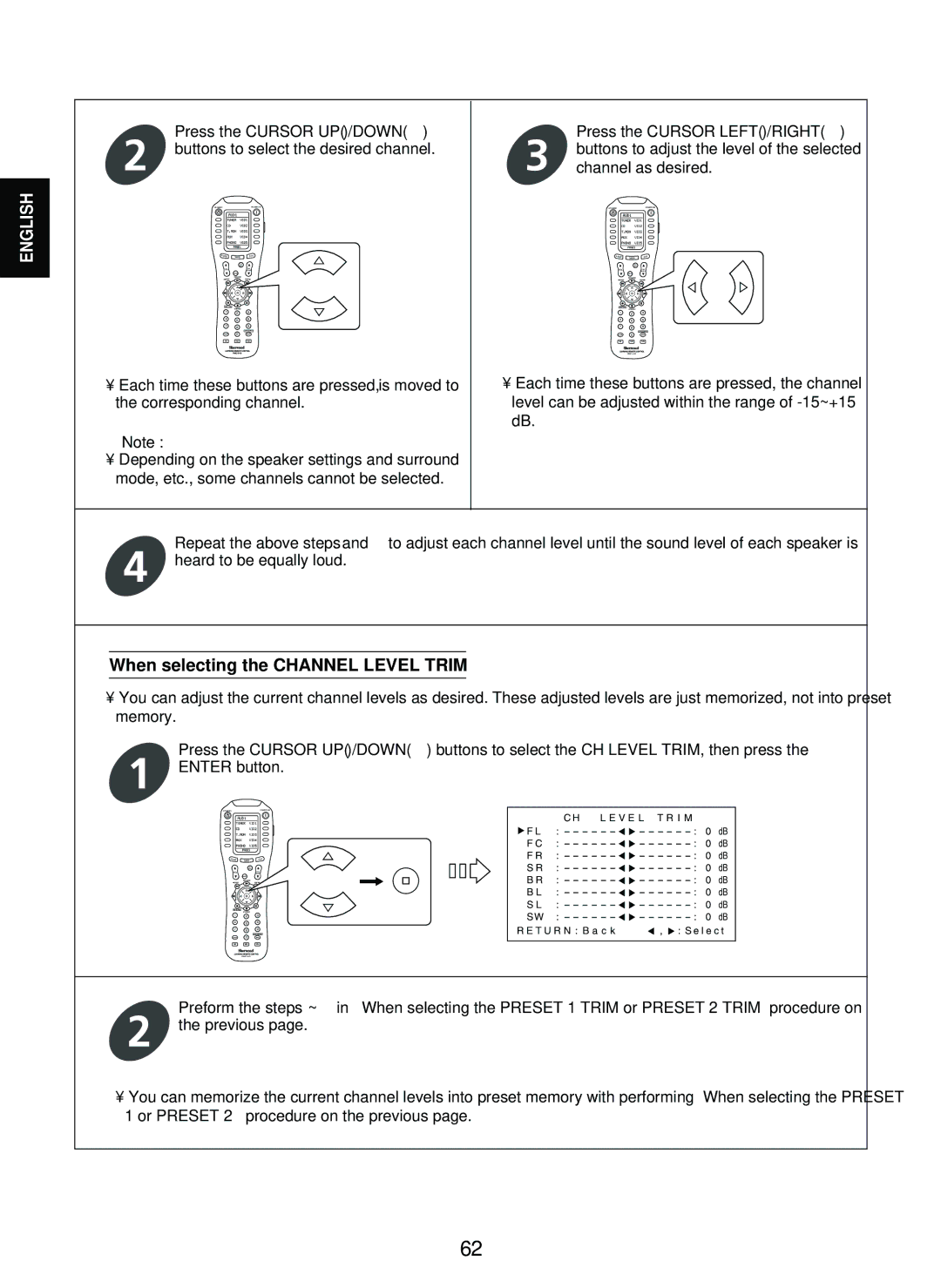Sherwood P-965 manual When selecting the Channel Level Trim 