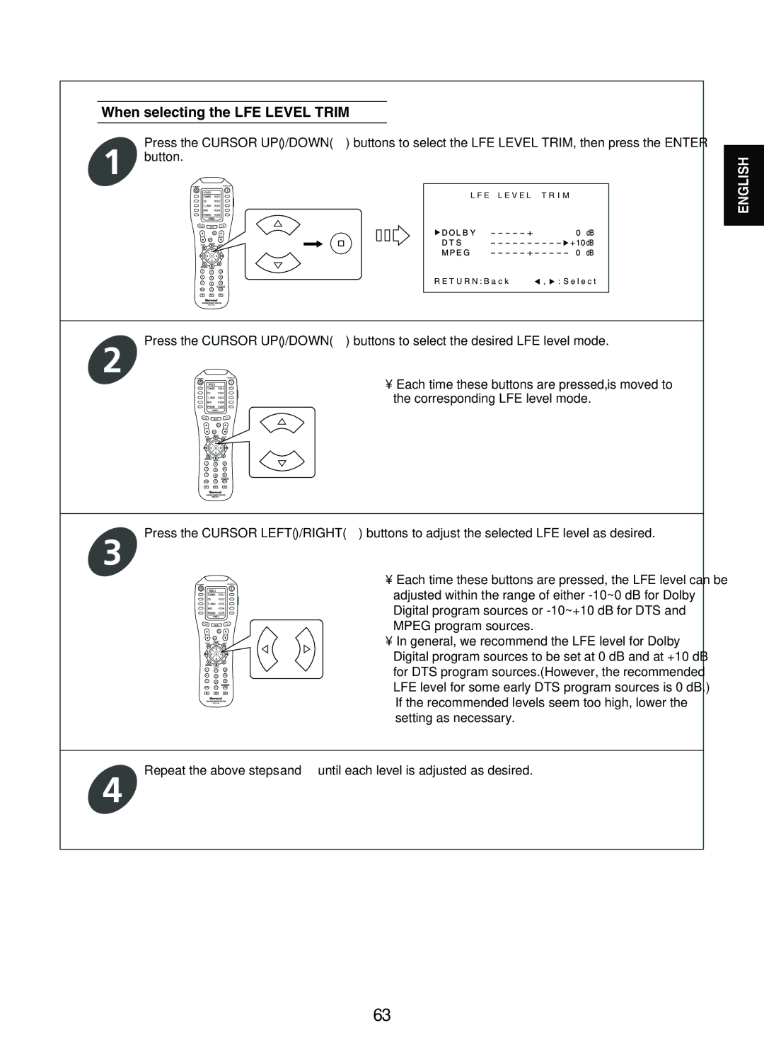 Sherwood P-965 manual When selecting the LFE Level Trim 