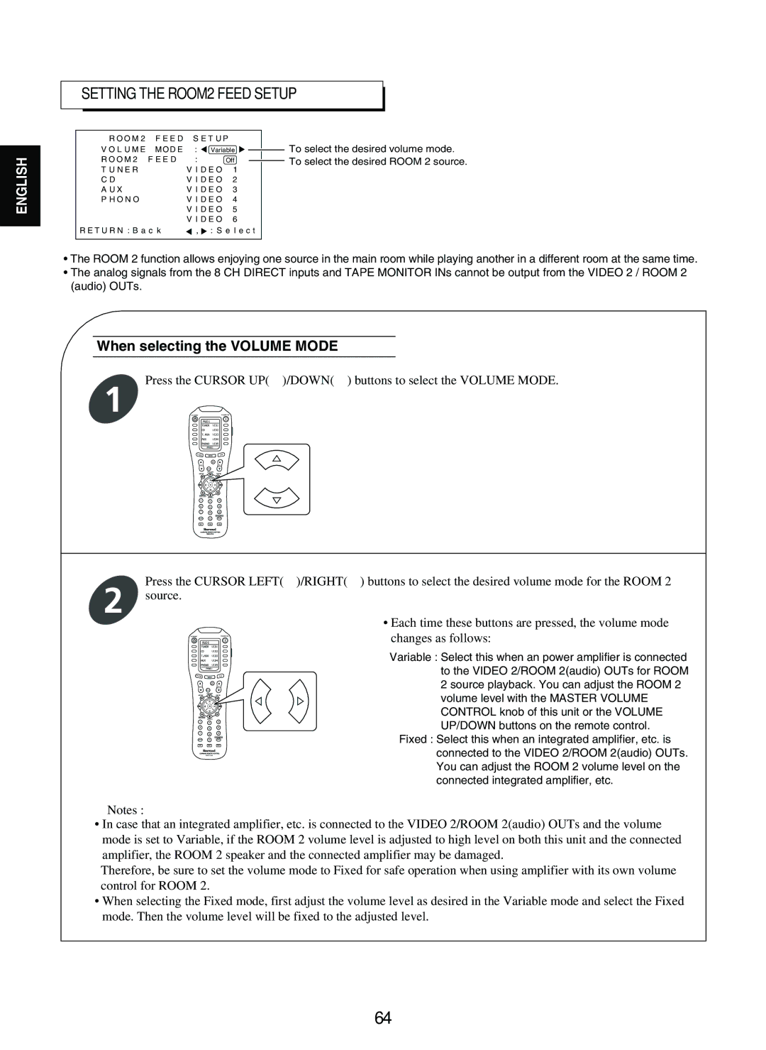 Sherwood P-965 manual Setting the ROOM2 Feed Setup, When selecting the Volume Mode 