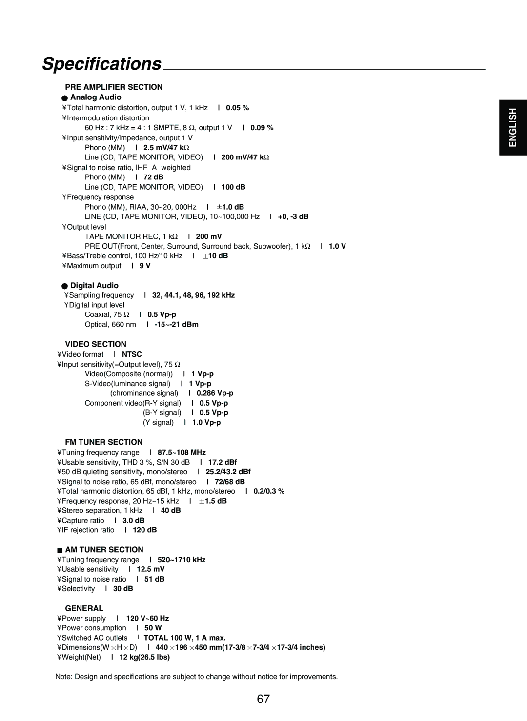 Sherwood P-965 manual Specifications, PRE Amplifier Section 