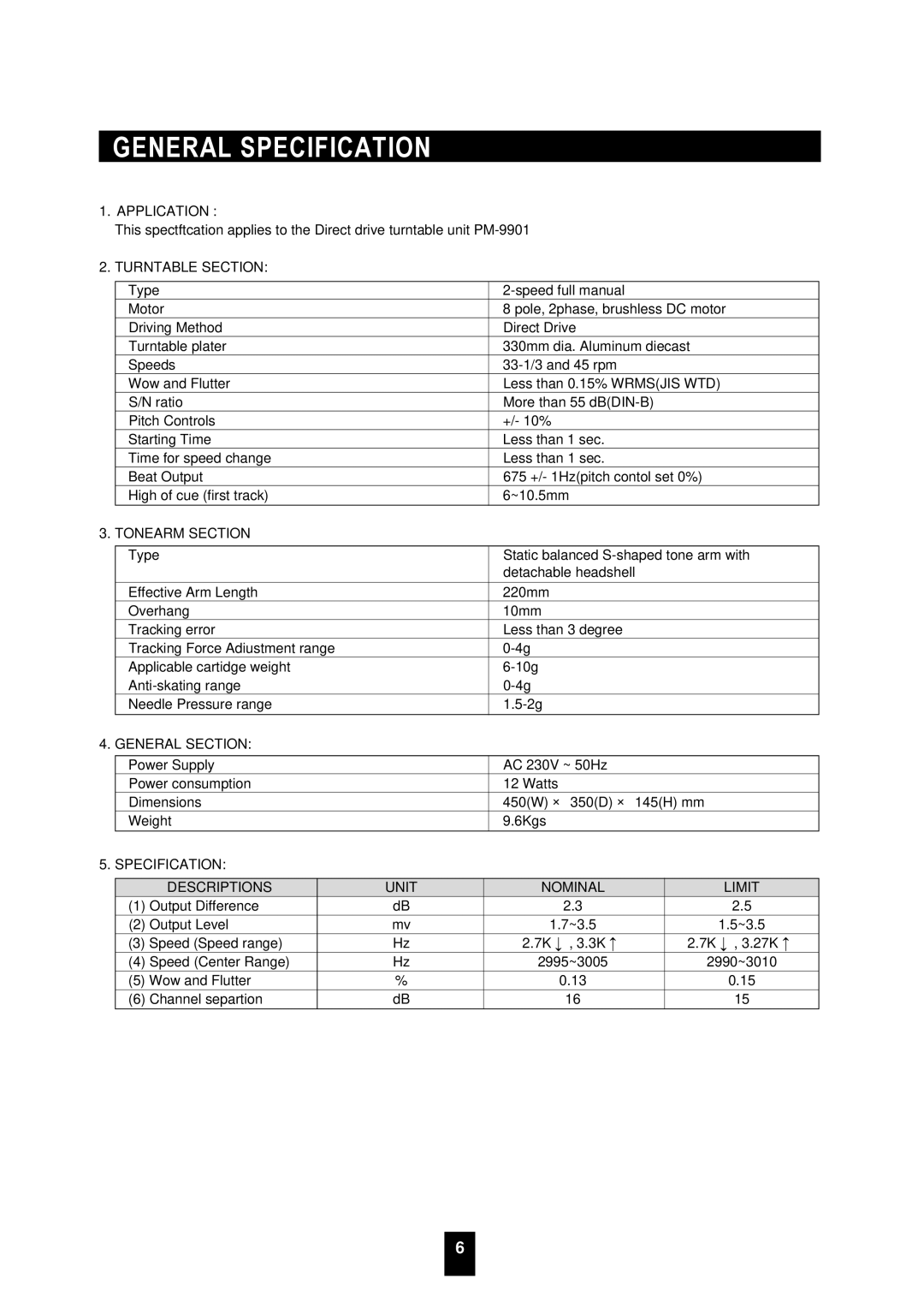 Sherwood PM-9901 manual Cogeneraltentsspecification, Turntable Section 