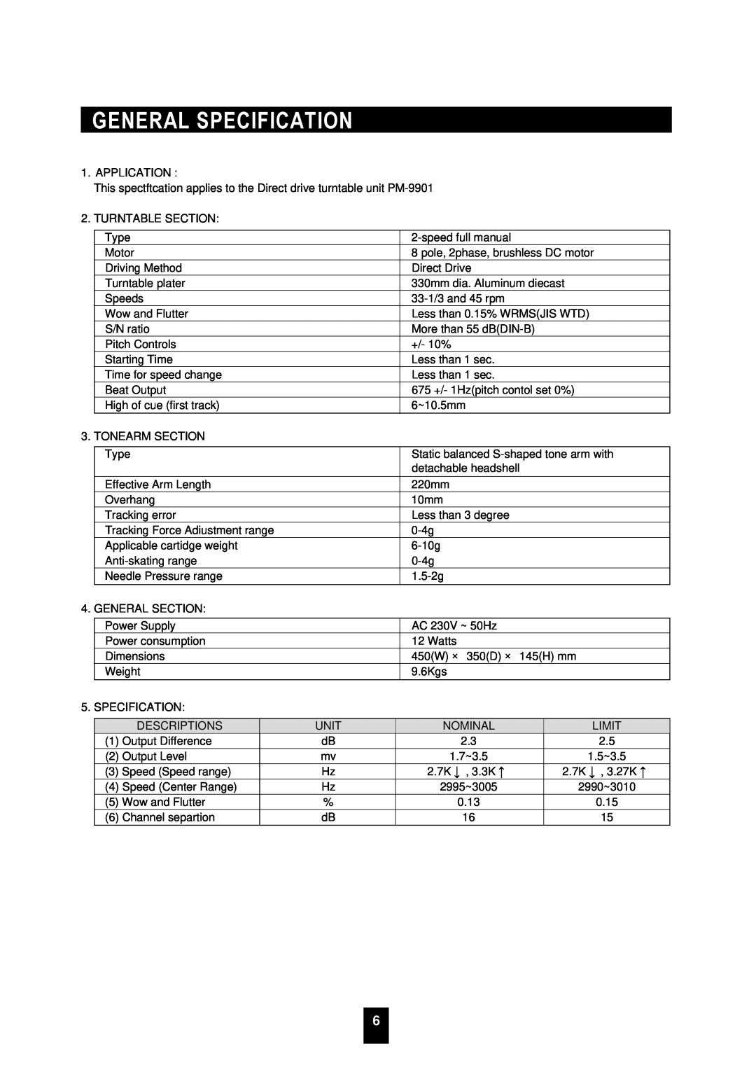 Sherwood PM-9901 manual Cogeneraltentsspecification 