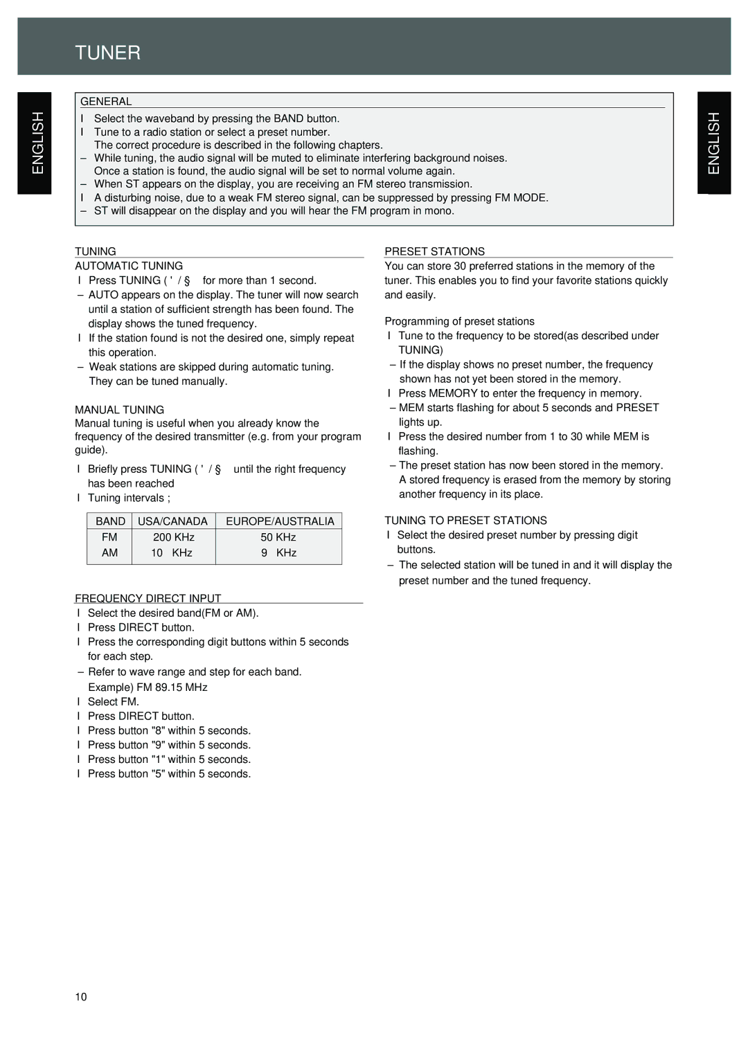 Sherwood R-325 operating instructions Tuner 