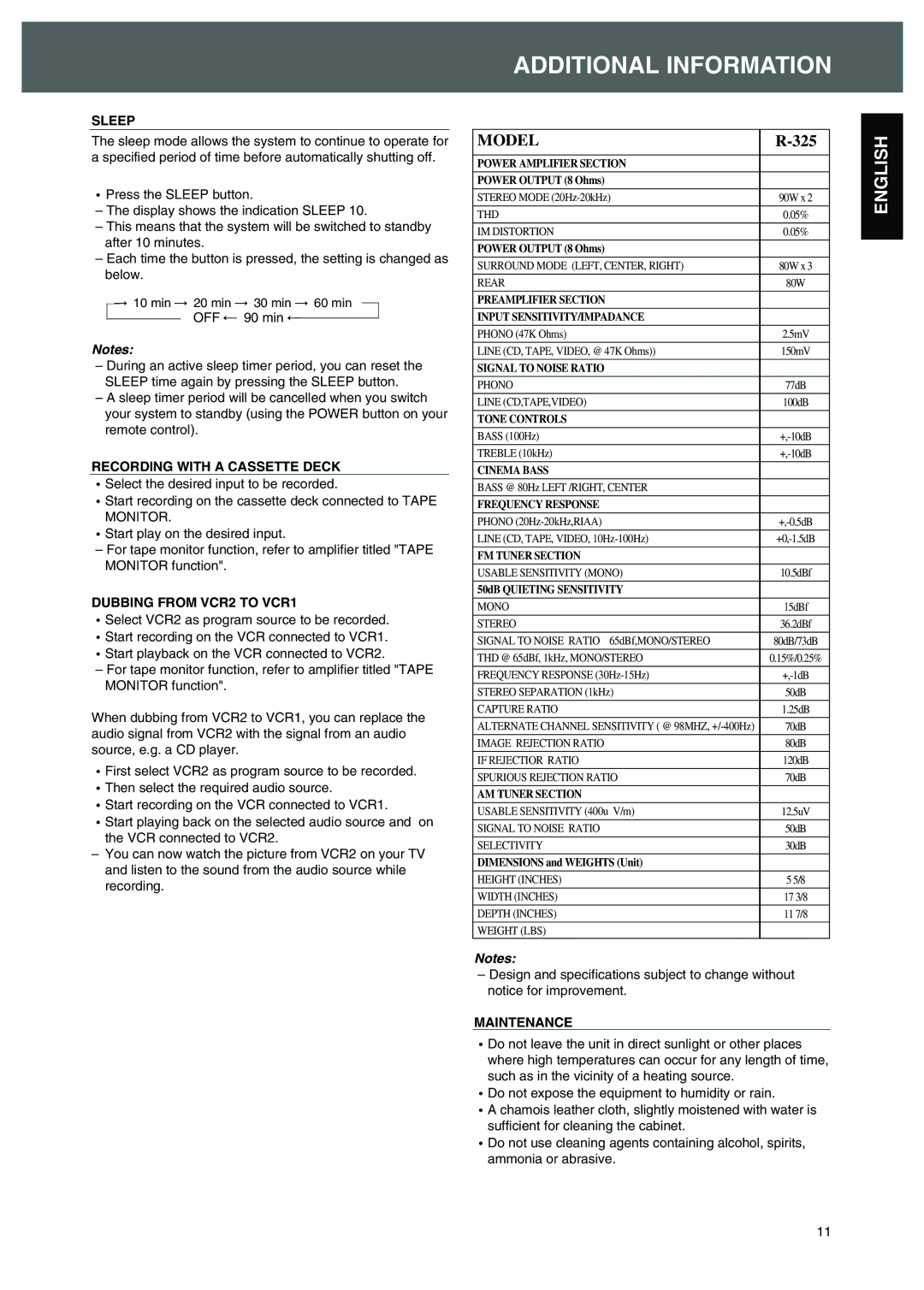 Sherwood R-325 Additional Information, Off, Recording with a Cassette Deck, Dubbing from VCR2 to VCR1, Maintenance 