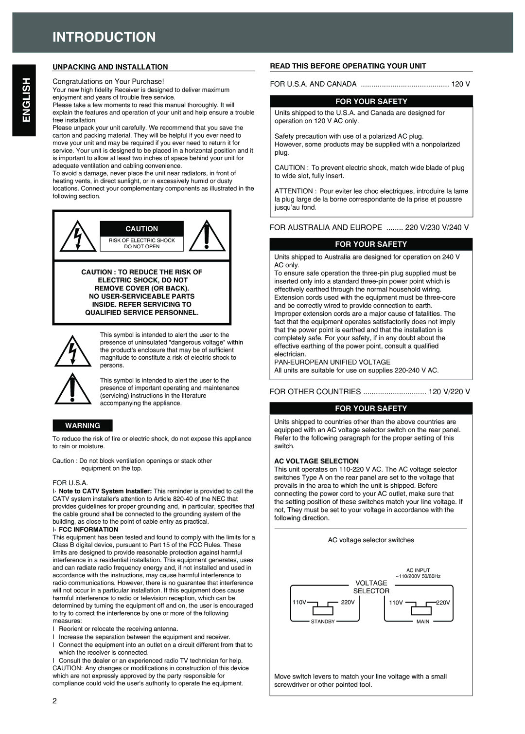 Sherwood R-325 operating instructions Introduction, For Your Safety 