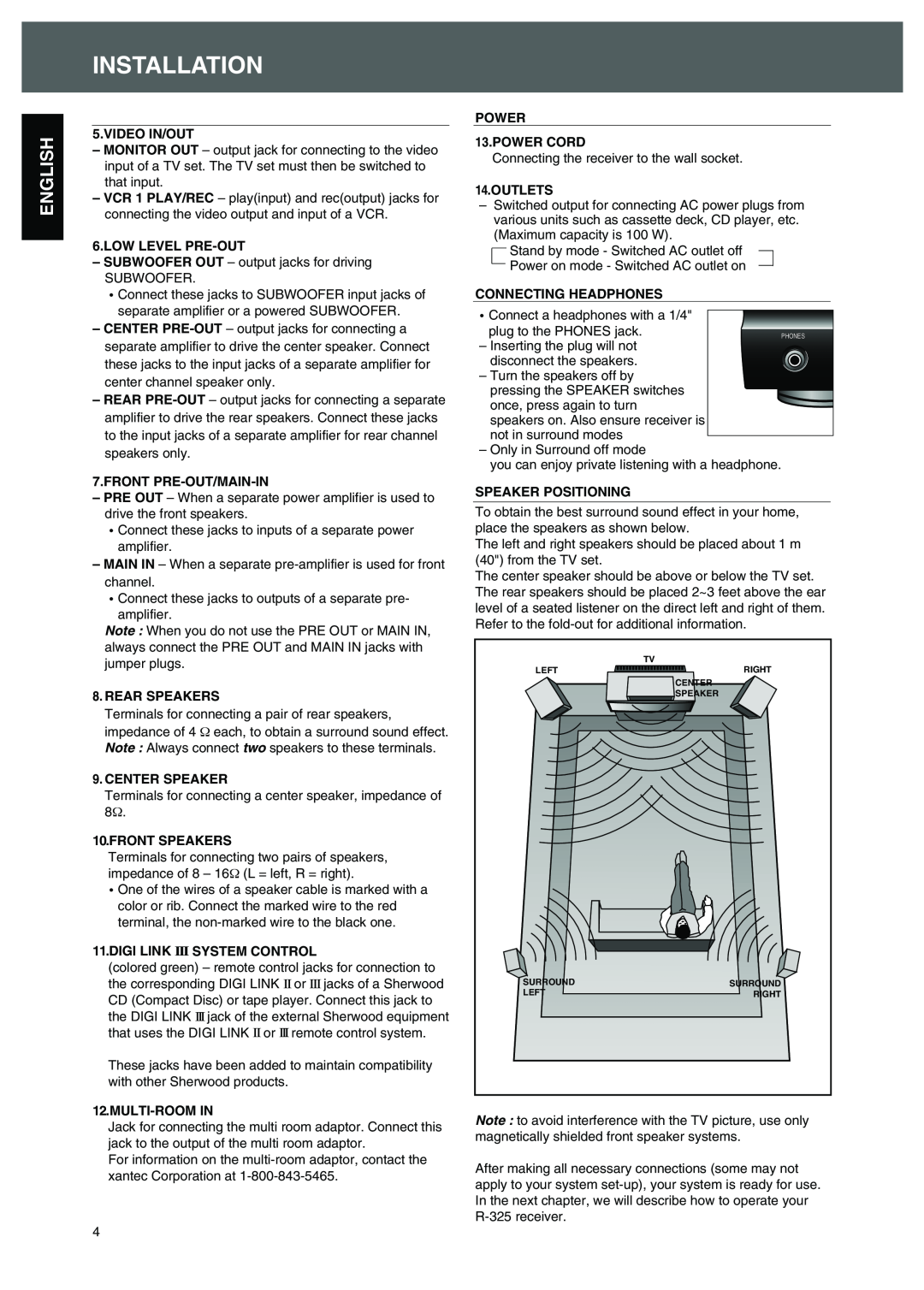 Sherwood R-325 operating instructions Speaker Positioning, Installation, English 