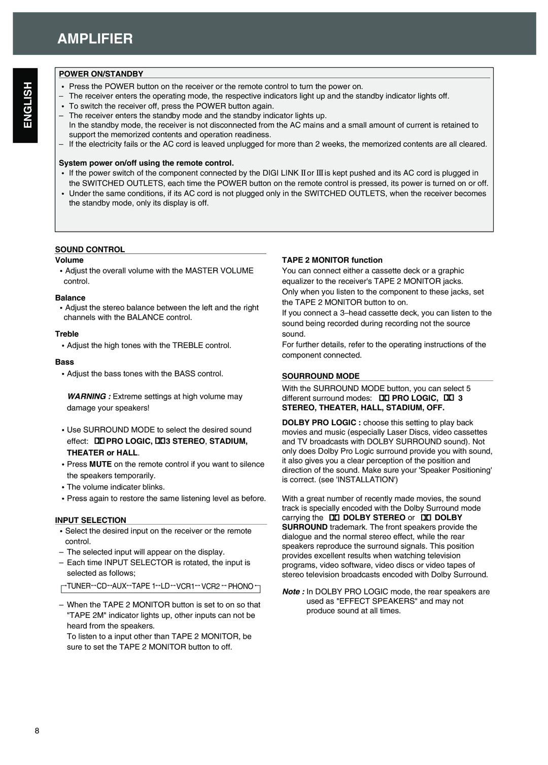 Sherwood R-525 operating instructions Amplifier 