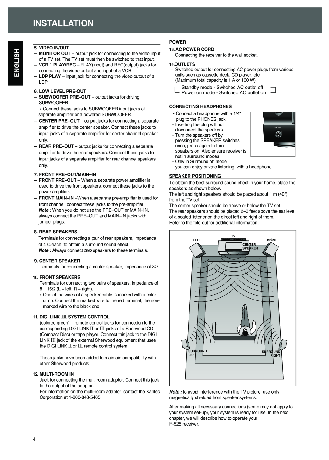 Sherwood R-525 operating instructions SPEAKER POSITIONING 5. VIDEO IN/OUT, Installation, English 