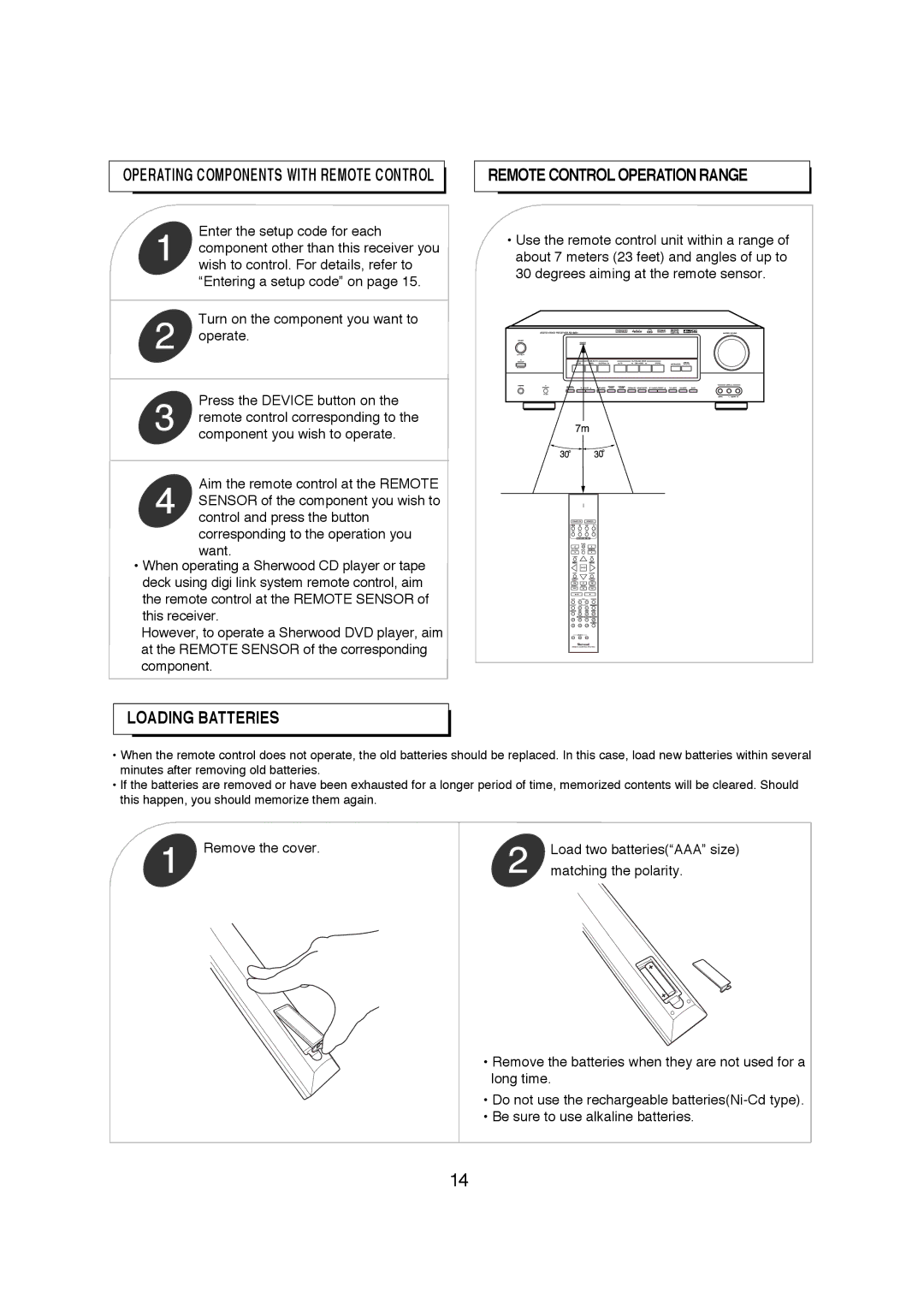 Sherwood R-671 manual Remote Control Operation Range, Loading Batteries 