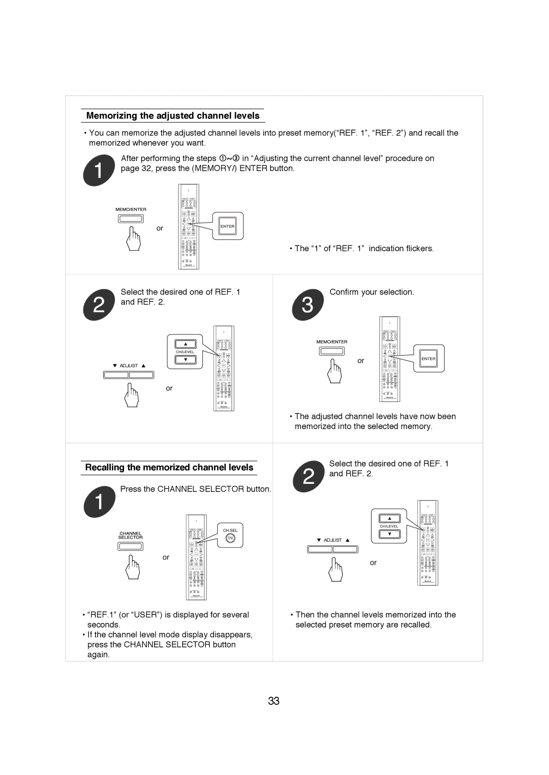 Sherwood R-671 manual Memorizing the adjusted channel levels, 32, press the MEMORY/ Enter button 