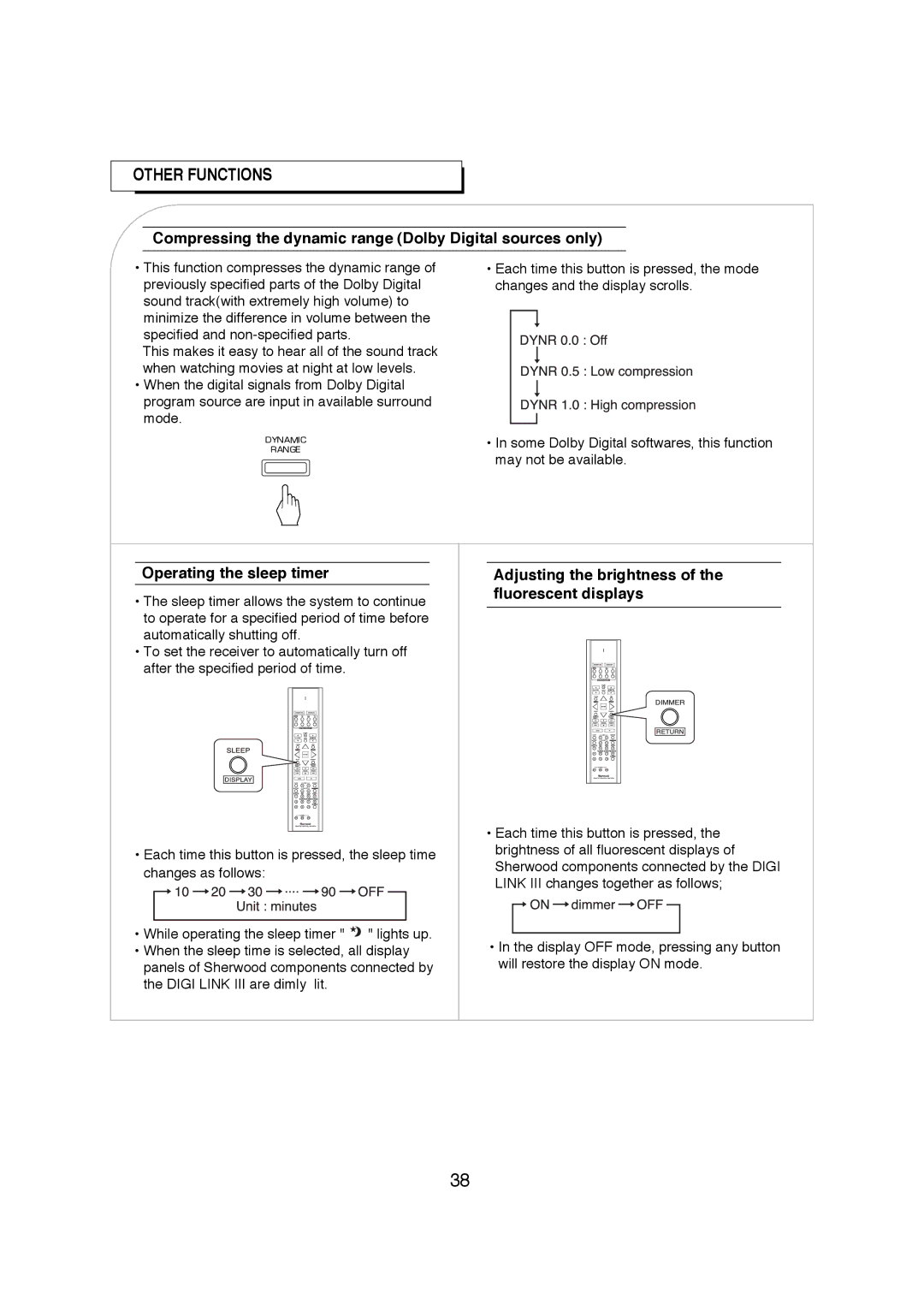 Sherwood R-671 manual Other Functions, Compressing the dynamic range Dolby Digital sources only, Operating the sleep timer 