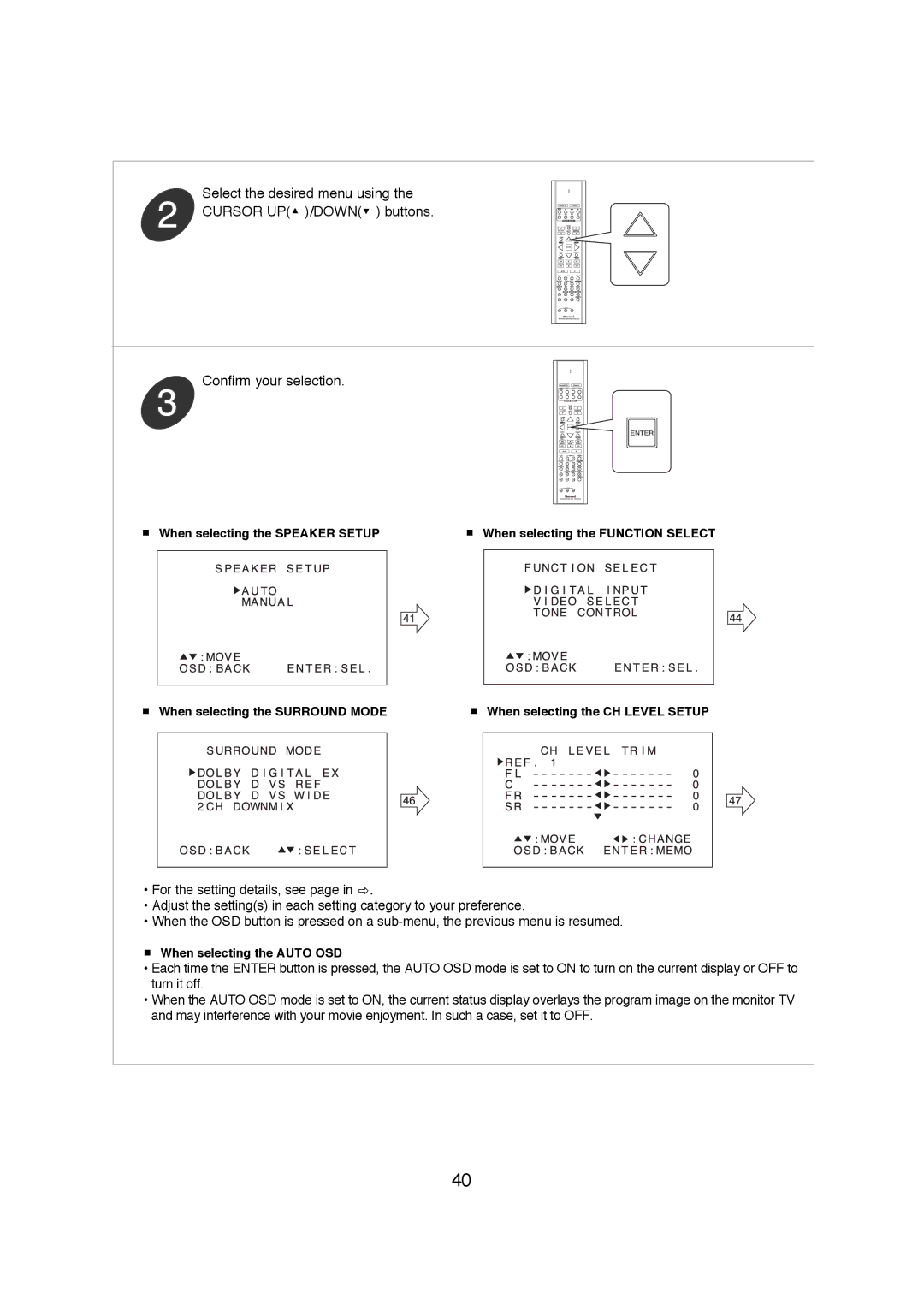 Sherwood R-671 manual When selecting the Speaker Setup 