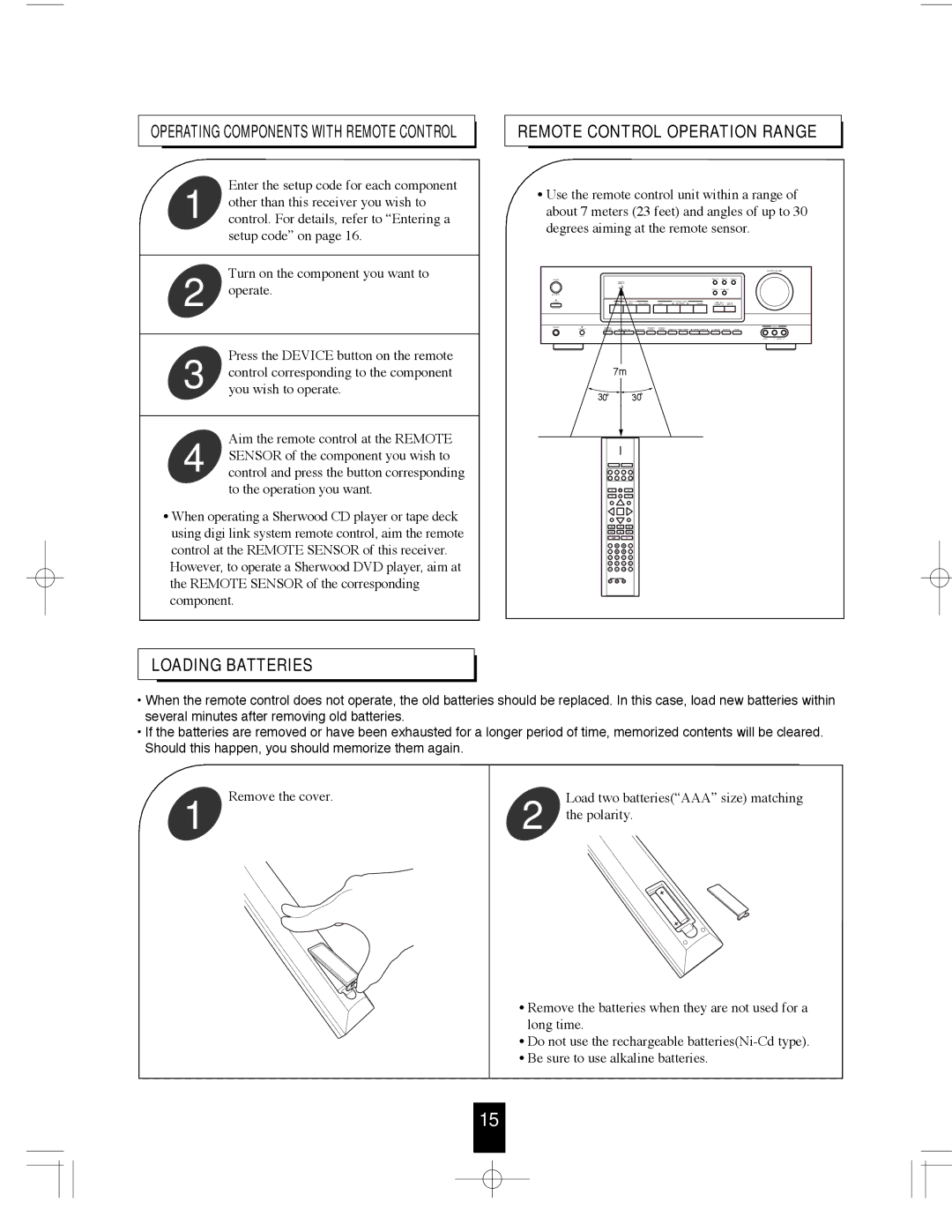 Sherwood R-765 manual Remote Control Operation Range, Loading Batteries 