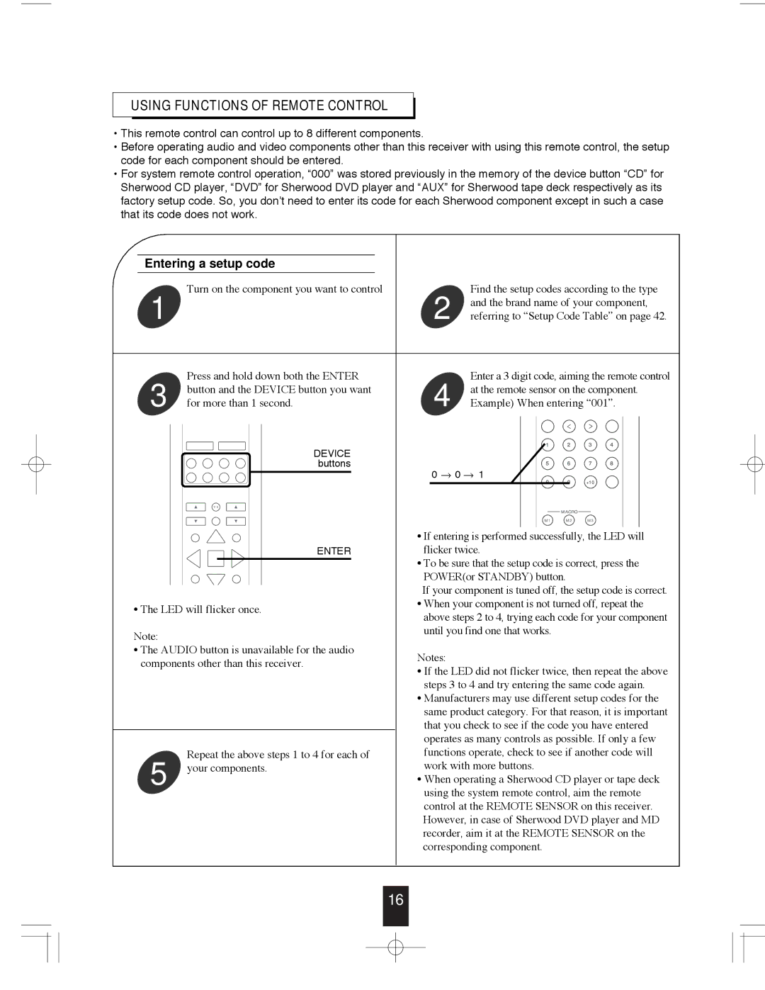 Sherwood R-765 manual Using Functions of Remote Control, Entering a setup code 