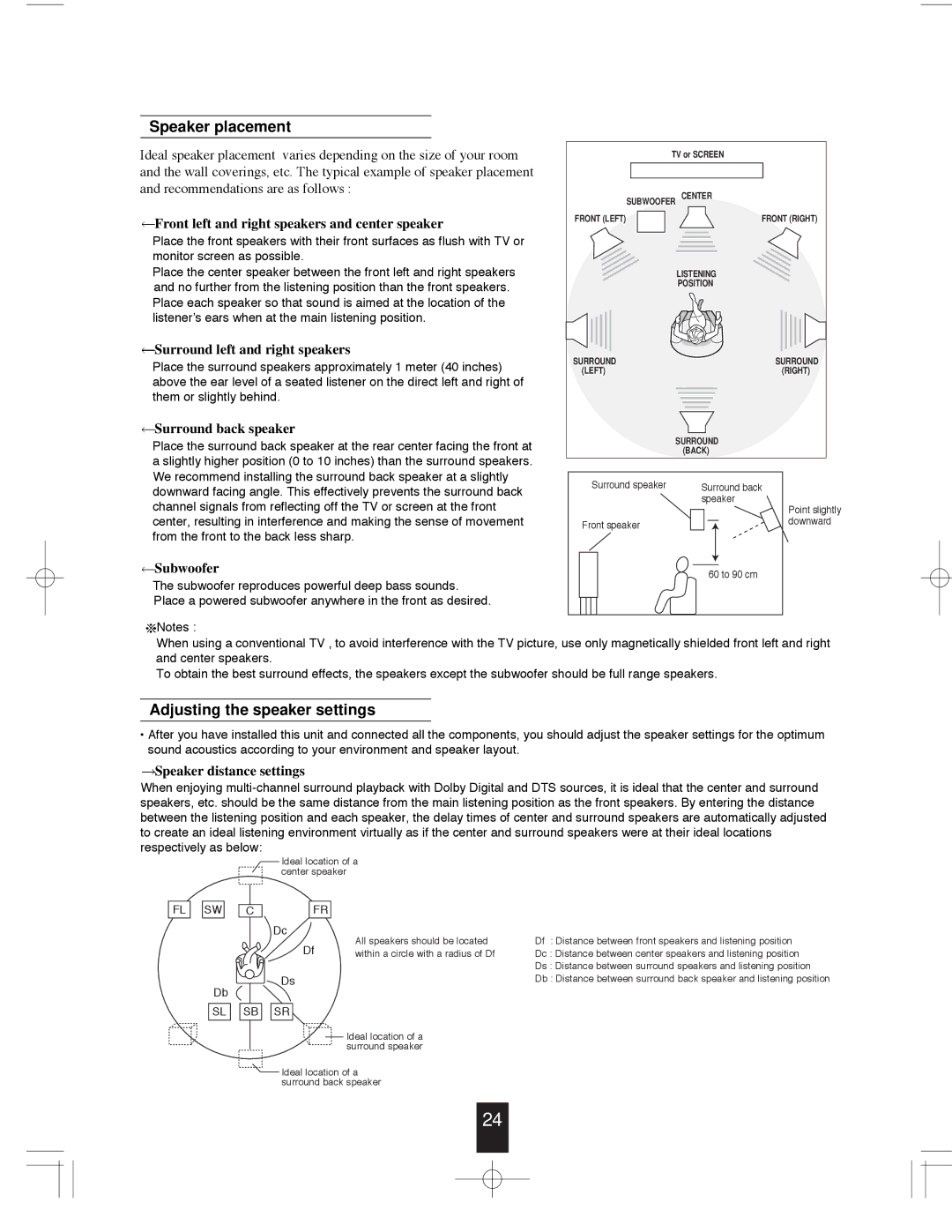 Sherwood R-765 manual Speaker placement, Adjusting the speaker settings 