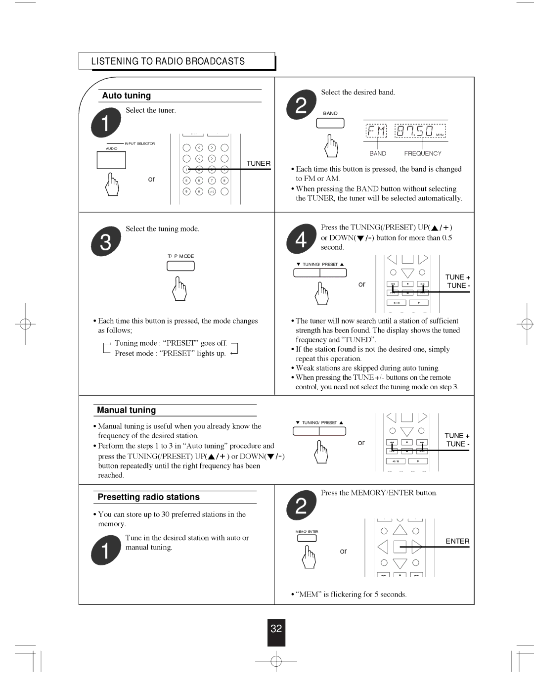 Sherwood R-765 manual Manual tuning, Presetting radio stations 