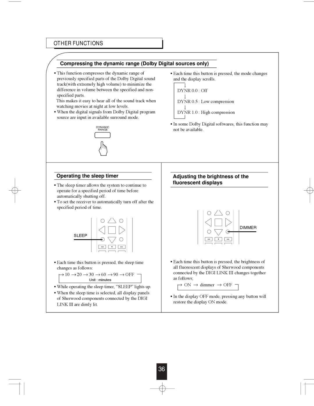 Sherwood R-765 manual Other Functions, Compressing the dynamic range Dolby Digital sources only, Operating the sleep timer 