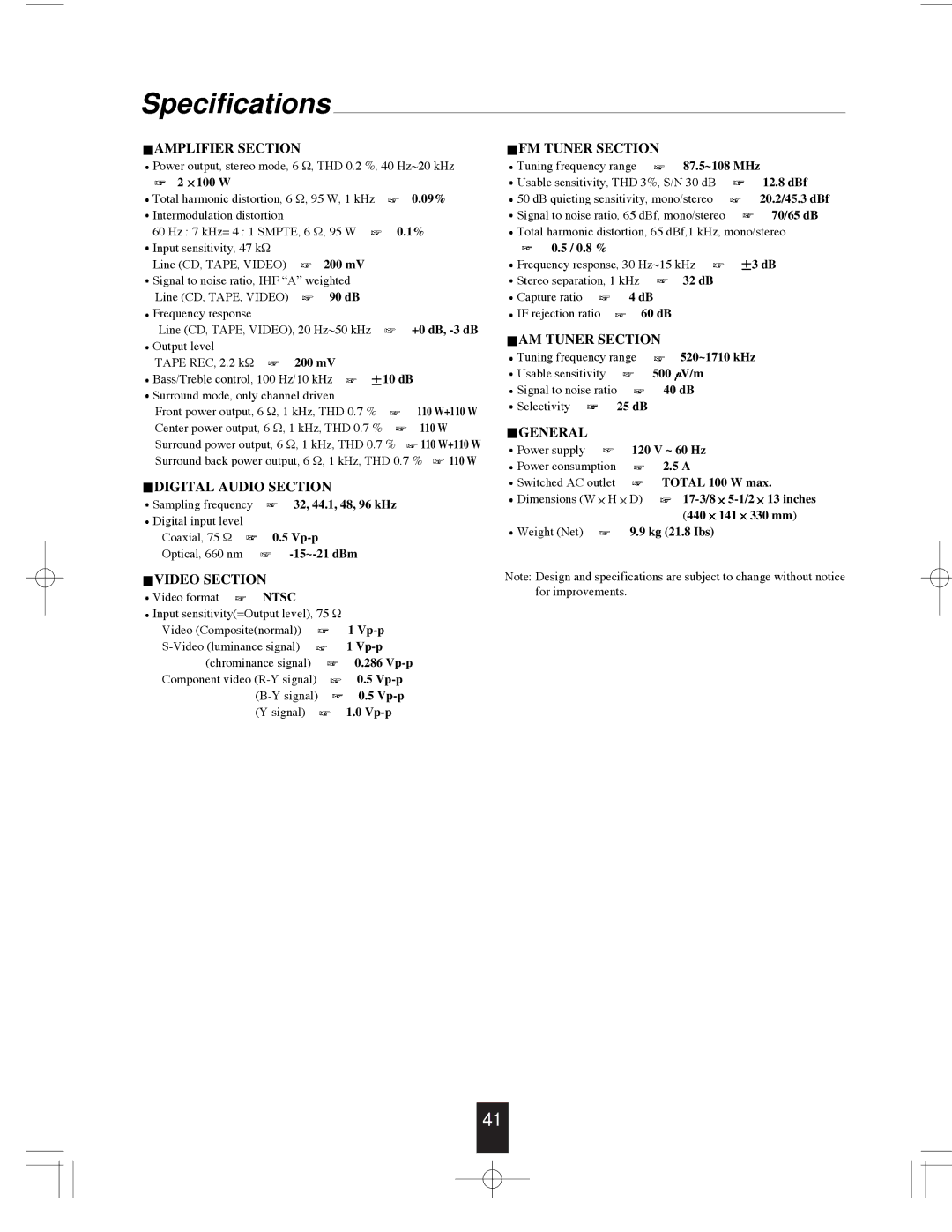 Sherwood R-765 manual Specifications, Amplifier Section 